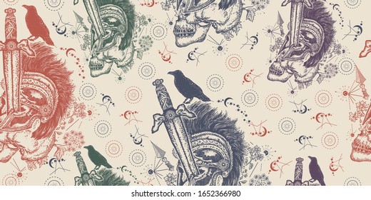 Ancient soldier is killed with sword. Seamless pattern. Packing old paper, scrapbooking style. Vintage background. Medieval manuscript, engraving art. Symbol of life and death, good and evil