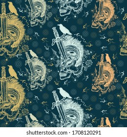 Ancient soldier is killed with sword. Seamless pattern. Packing old paper, scrapbooking style. Vintage background. Medieval manuscript, engraving art. Symbol of life and death, good and evil 