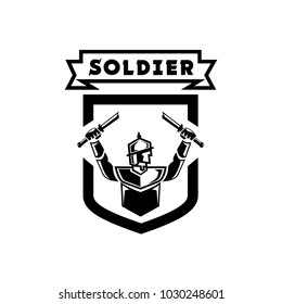 ancient soldier logo design with soldier hand held double broken swords in shield shape.