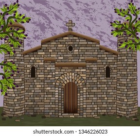 Ancient spanish  church in visigothic style with stone towers and olive tree. vector illustration