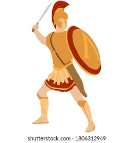 Ancient Sparta warrior with a sword and shield in his hands. Historical warrior