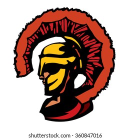 Ancient spartan gladiator flat logo depicting a bronze Roman or Greek helmet as worn by the soldiers in the legions during combat with a long face visor for protection and red crest 