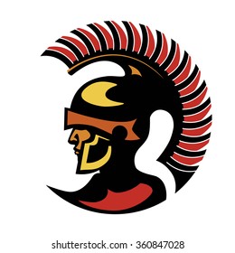 Ancient spartan gladiator flat logo depicting a bronze Roman or Greek helmet as worn by the soldiers in the legions during combat with a long face visor for protection and red crest 