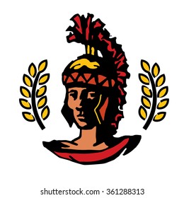 Ancient spartan gladiator flat logo depicting a bronze Roman or Greek helmet as worn by the soldiers in the legions during combat with a long face visor for protection and red crest 