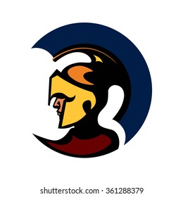 Ancient Spartan Gladiator Flat Logo Depicting A Bronze Roman Or Greek Helmet As Worn By The Soldiers In The Legions During Combat With A Long Face Visor For Protection And Red Crest 