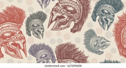 Ancient Spartan helmet. Seamless pattern. Packing old paper, scrapbooking style. Vintage background. Medieval manuscript, engraving art 