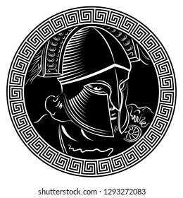 Ancient Spartan warrior, helmet and greek ornament meander, isolated on white, vector illustration