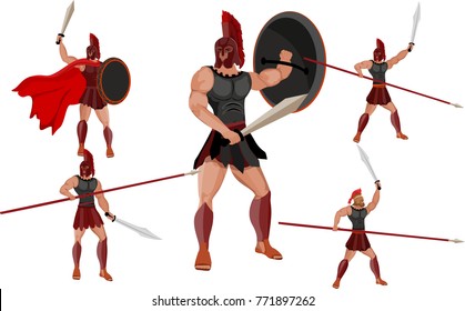 Ancient spartan warriors in different poses vector set