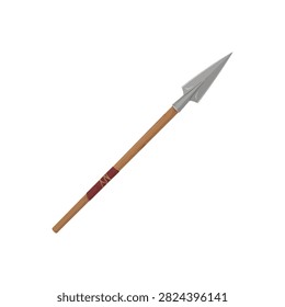Ancient spear with sharp metal tip and wooden shaft wrapped in leather isolated on a white background, for historical or, fantasy concepts