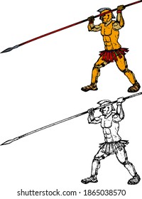 El antiguo guerrero de los camareros apuñalando con su lanza. Ilustración vectorial dibujada a mano.
