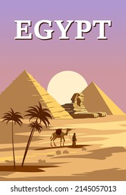 Ancient Sphinx, Egypt Pharaoh Pyramids Vintage Poster. Travel to Egypt Country, Sahara desert sunset landscape, camel with egyptian. Retro card illustration vector