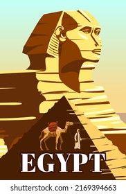 Ancient Sphinx, Egypt Pharaoh Pyramids Vintage Poster. Travel to Egypt Country, Sahara desert, camel with egyptian. Retro card illustration vector