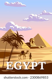 Anciana Esfinge, Afiche de la Vendimia del Faraón de Egipto. Viaje a Egipto, Sahara, un paisaje desértico, camello con egipto. vector de ilustración de tarjeta retro