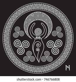 Ancient Spiral Goddess: This delicate Goddess represents the creative powers of the Divine Feminine, and the never ending circle of creation, isolated on black, vector illustration