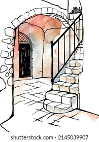 Alte Treppe im Kloster. Schwarz-Weiß-Vektorgrafik im handgezeichneten Stil. Jerusalem, Israel. Städtische Landschaftsskizze. Line Art. Tinte auf Aquarell.