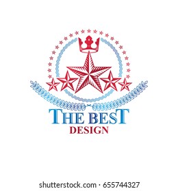 Ancient Star emblem decorated with imperial crown and laurel wreath. Heraldic vector design element, 5 stars award symbol.  Retro style label, heraldry logo.