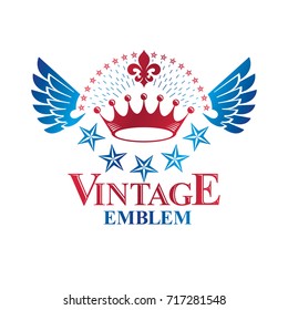 Ancient Star emblem decorated with imperial crown and laurel wreath. Heraldic vector design element, 5 stars award symbol.  Retro style label, heraldry logo.