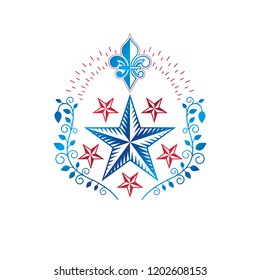 Ancient Star emblem decorated with lily flower and floral ornament. Heraldic vector design element, 5 stars award symbol.  Retro style label, heraldry logo.