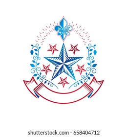 Ancient Star emblem decorated with lily flower and floral ornament. Heraldic vector design element, 5 stars award symbol.  Retro style label, heraldry logo.