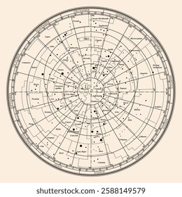 Ancient star map with months and days. Zodiac signs and constellations on the map isolated on beige background