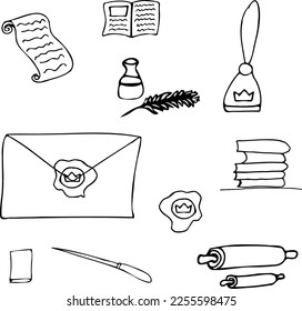 Ancient stationery writing tools hand drawn in vector. Doodle