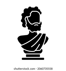 Ancient statue black glyph icon. Art history. Ancient greek sculpture. Depicting realistic human form. Sculpted philosopher bust. Silhouette symbol on white space. Vector isolated illustration