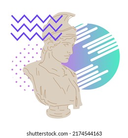 Ancient statue bust and geometric abstract gradient elements flat vector illustration isolated on white background.