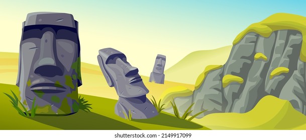 Ancient statue civilizations of atlantis and lemuria. Vector background cartoon stone sculptures on mountain. 