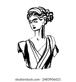 Ancient statue, female bust, hand drawn, line art, vector illustration