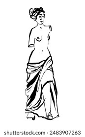 Ancient statue, female, hand drawn, vector illustration, line art