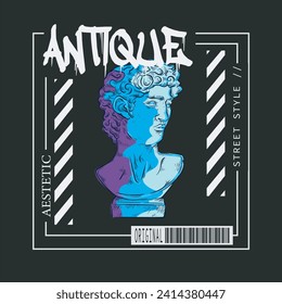 Ancient statue graphic t-shirt design ready to print. Antique typography slogan with strip background. Greek god symbol, tee, Vector illustration for t-shirt. Clothing design suitable for teenagers.
