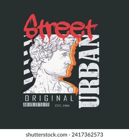 Ancient statue graphic t-shirt design ready to print. Street typography slogan with strip background. Greek god symbol, tee, Vector illustration for t-shirt. Clothing design suitable for teenagers.
