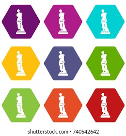 Ancient statue icon set many color hexahedron isolated on white vector illustration