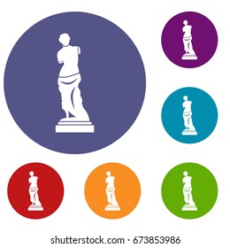 Ancient statue icons set in flat circle reb, blue and green color for web
