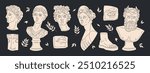 Ancient statues. Greek antique sculptures, marble heads and body parts, mythological greek god and goddess sculptures flat vector illustration set. Сlassic sculpture art elements