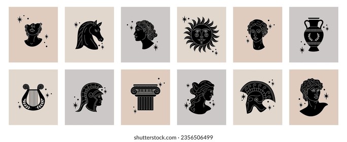 Ancient statues. Greek goddess silhouette. Broken sculpture body. David head from Greece marble for woman tattoo. Classic harp and amphora vase. Antique logo. Vector tidy cards set