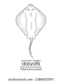 An ancient stingray Dasyatis, a Paleocene period creature. Paleocene period followed after the extinction of the dinosaurs. Black and white line art, perfect for coloring and educational purposes.