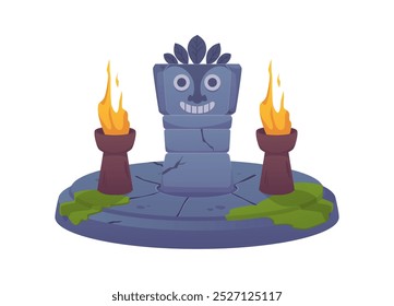 Antiguo altar de piedra. Base redonda con musgo, monumento con Imagen de deidad milenaria, cuencos con fuego. Lugar de culto de los espíritus y dioses del bosque. Ilustración vectorial aislada sobre fondo blanco.