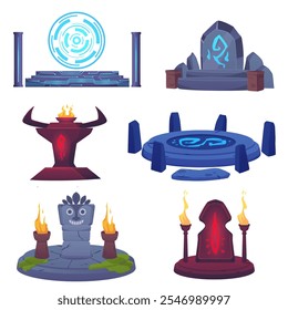 Antigo conjunto de ilustrações vetoriais de altares de pedra. Queimando tochas, totem tribal face, pedestal de sacrifício, laje de adoração, pódio digital hi-tech elementos. Plataformas de nível de jogo de desenhos animados