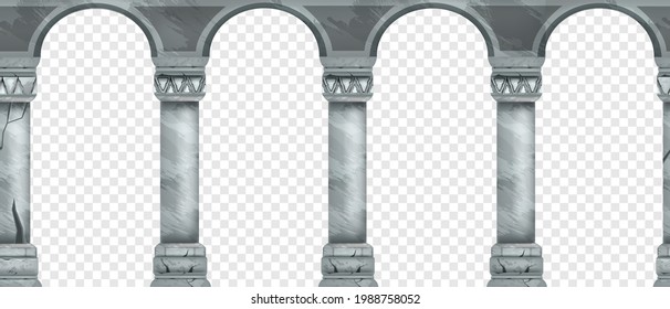 Ancient stone arch seamless border, marble vector Greek palace pillars on transparent background. Old classic architecture illustration, roman column facade, entrance frame. Vintage arcade, stone arch