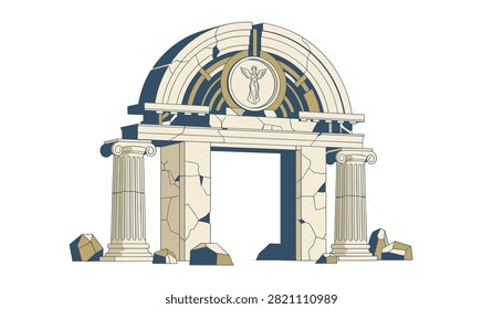 Ancient stone archway with crumbling columns and debris representing historical ruins and architectural remnants of the past.