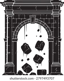 Ancient stone archway with falling debris and broken masonry blocks