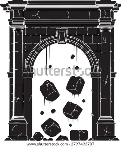 Ancient stone archway with falling debris and broken masonry blocks