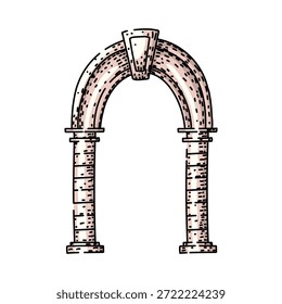 Arco de pedra antiga com duas colunas que suportam um arco, ilustrando um elemento arquitetônico com um vintage estilo de desenho de mão e detalhes texturizados