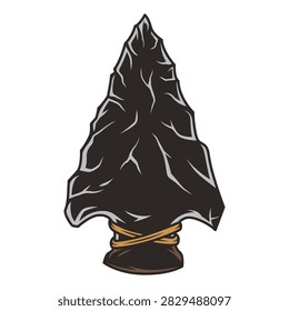 Ancient stone arrowhead gleams with rugged texture. Gold cord wraps its base, hinting ancient craftsmanship. Darkened surface shows weathered, chiseled edges