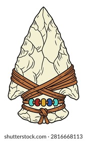 Ancient stone arrowhead projectile point featuring leather cord binding and colorful accent beads tribal artifact style.