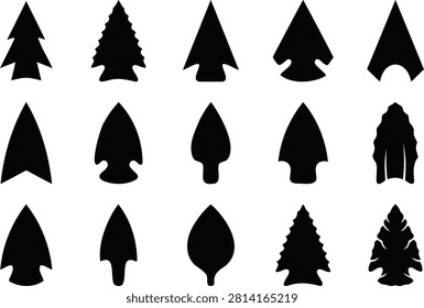 Ancient stone arrowhead and spearhead silhouette vector illustration set