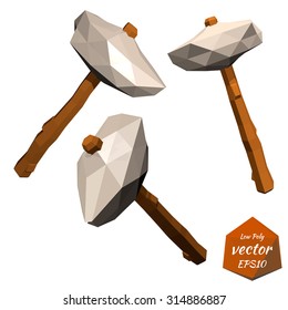 Ancient stone ax with a wooden handle isolated on a white background. Low poly style. Vector illustration.