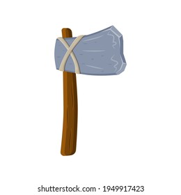 Ilustración vectorial de hacha de piedra antigua en un estilo plano de caricatura aislado sobre fondo blanco.