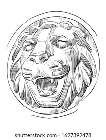 Ancient stone bas-relief in the form of a lion's head with open mouth, vector hand drawing illustration in black color isolated on white background